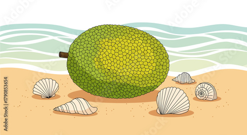 A Jackfruit Rests Alongside Seashells Upon a Sandy Beach Near the Ocean