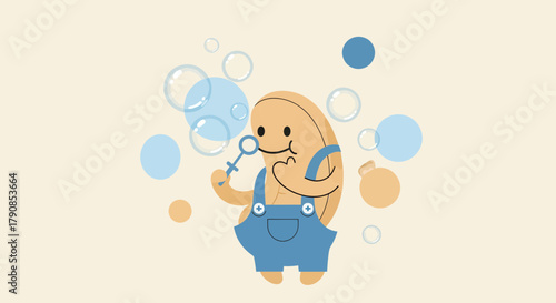 A Joyful Seed Character Blowing Soap Bubbles in a Whimsical and Playful Illustration