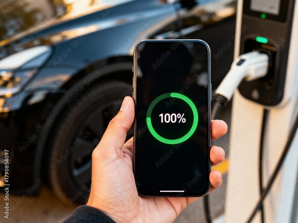 Fototapeta premium Close-up of a hand holding a phone showing 100% battery charge completion for an electric car being charged, outdoor setting.