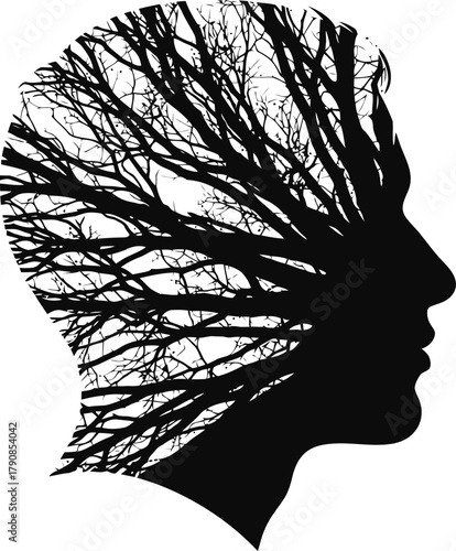 Human head silhouette with tree branches double exposure minimalist design