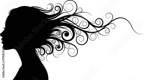Elegant female silhouette with flowing abstract curls