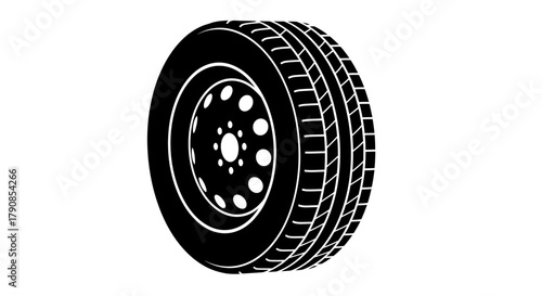 A simple black and white illustration of a car tire and wheel
