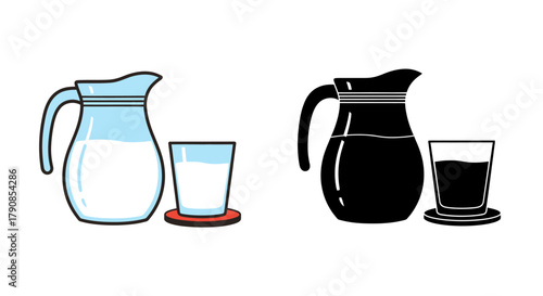 A comparison of a milk and dark liquid in pitchers and glasses
