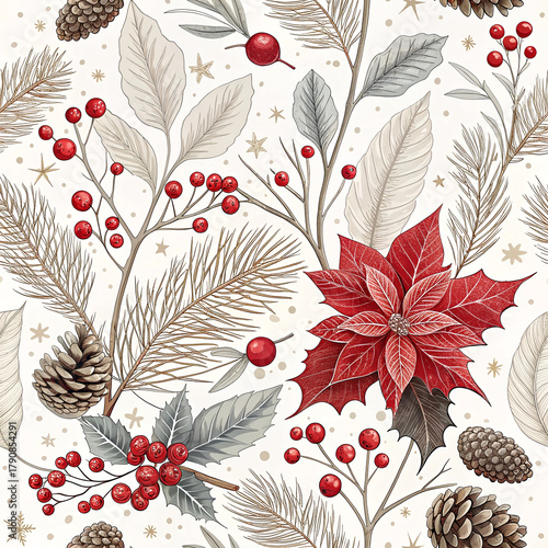 Seamless christmas pattern with poinsettia pine cones and berries