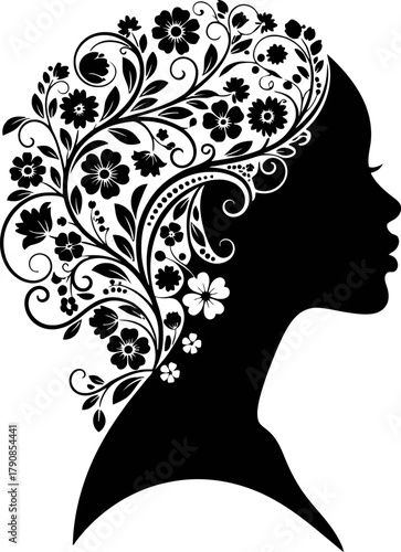 Elegant abstract female profile with floral hair silhouette