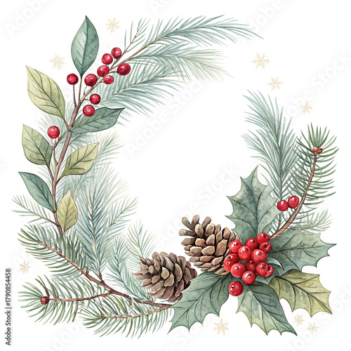 Watercolor christmas wreath with pine cones holly berries and evergreen branches