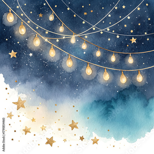 Magical night sky with glowing string lights and golden stars