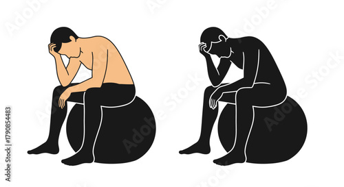 A man sitting with his head in his hands depicted in two contrasting styles