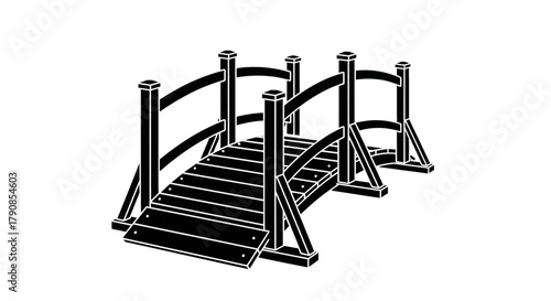 Simple black and white illustration of a curved wooden garden bridge