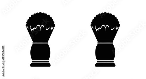 Two black silhouette icons of classic shaving brushes side by side