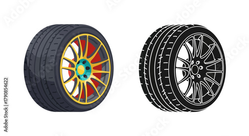 Illustration of two automotive tires one colorful and one monochrome
