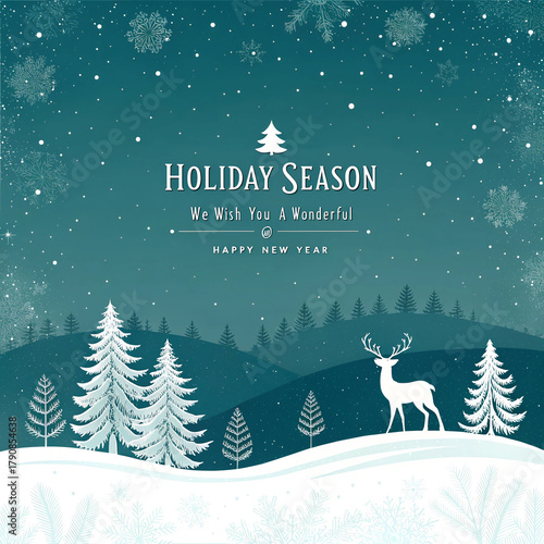 Winter holiday season landscape with deer and snow covered trees