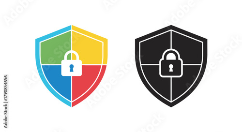 Colorful and monochrome shield icons with a padlock for security protection