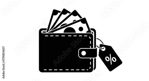 Black wallet overflowing with cash and a discount tag icon illustration