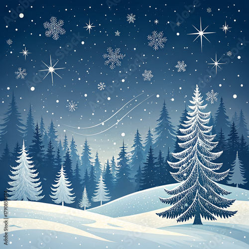 Winter forest landscape with falling snow and starry night sky