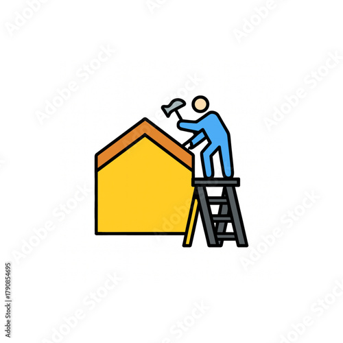 Skilled construction worker building house roof with hammer from stepladder, representing home improvement and property development.
