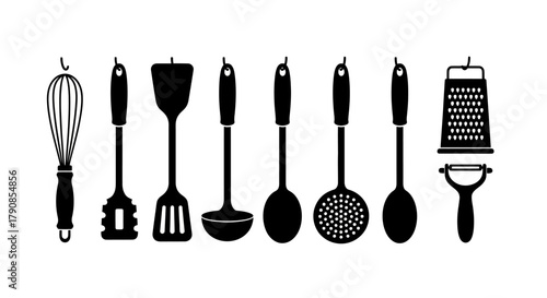 A collection of black silhouette kitchen utensils arranged in a single row