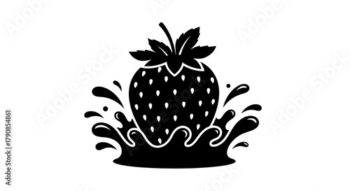 A black and white illustration of a strawberry with splashing juice