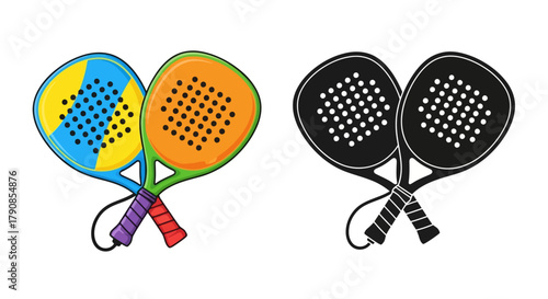 Colorful and monochrome paddle rackets crossed displaying a sporty design aesthetic