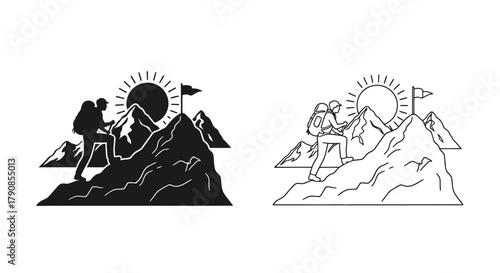 Couple hiking towards a sun and flag atop a mountain two variations