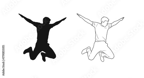 Jumping figures a black silhouette contrasted with a line art illustration