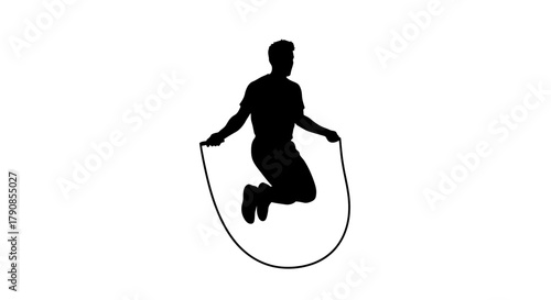 Silhouette of a person mid jump while actively skipping rope in a white space