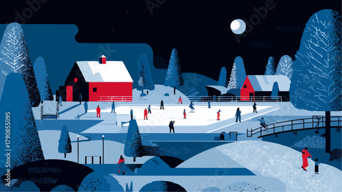 Winter village ice rink at night with people skating under moonlight, cozy landscape illustration 