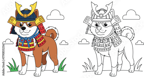 Cute Shiba Inu Dog Wearing Samurai Armor - Hand-Drawn Cartoon Illustration for Coloring Book