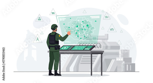 Modern Military Command Center with Soldier Analyzing Digital Map Interface Display