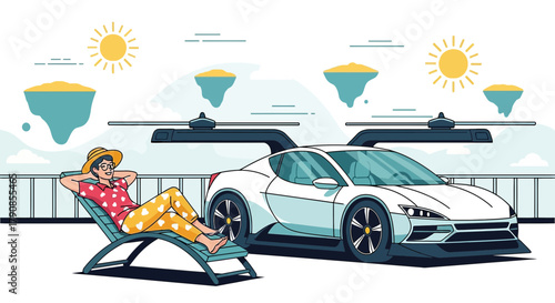 Modern Relaxation: Man Lounging Next to a Sports Car with Futuristic Sky Islands Backdrop