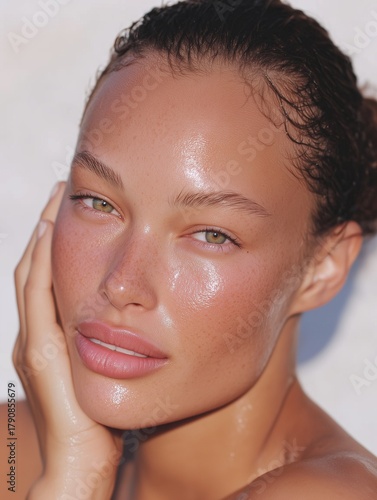 Dewy glowing skin and freckles illuminated by natural sunlight, close-up beauty shot