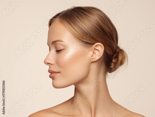 Natural glowing skin profile portrait of blonde woman, minimalist beauty lighting