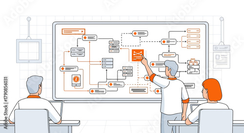 Presentation of complex system architecture diagram at business meeting involving team collaboration