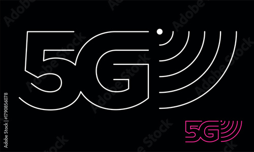 5G (fifth generation mobile communications) icon. Symbol for communication or data transfer. Modern equipment, signal from a communication tower. Attributes of the internet or mobile communications.