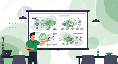 Presentation on cloud computing architecture and data flow in a corporate setting with a presenter