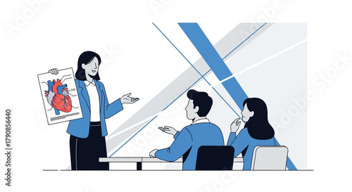 Professional woman presenting anatomical heart illustration to colleagues in meeting