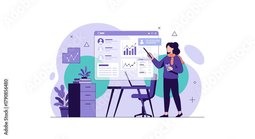 Professional woman presents crm data insights with pointer at office workspace setup