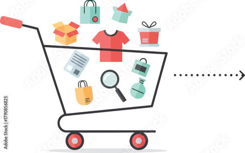 Shopping cart filled with various items, including clothes, bags, and boxes, symbolizing online retail therapy