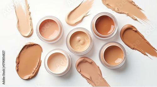 Skin correction makeup products in pots isolated on white background. Foundation, concealer arrange in jars. Spills and smears of eyeshadow, fashion concept.