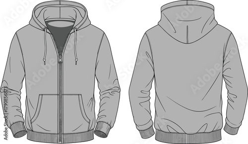 Cad drawing flat vector, hooded sweatshirt technical flat sketch, zip front hoodie with kangaroo pocket ribbed cuffs hem, fashion apparel design illustration