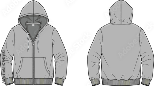 Cad drawing flat vector, hooded zip sweatshirt technical flat sketch, full zipper hoodie front back view, fashion apparel design template illustration