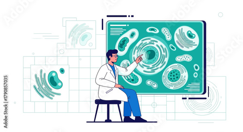 Scientist analyzing cell structure on a digital screen for medical research and scientific
