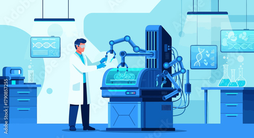 Scientist conducting experiment with robotic arms in a futuristic laboratory setting using