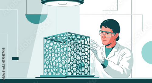 Scientist examining innovative 3D printed material in a laboratory setting with advanced design