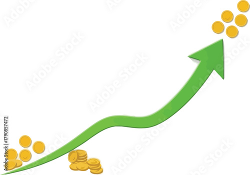Green arrow pointing upwards with gold coins, representing financial growth and investment success