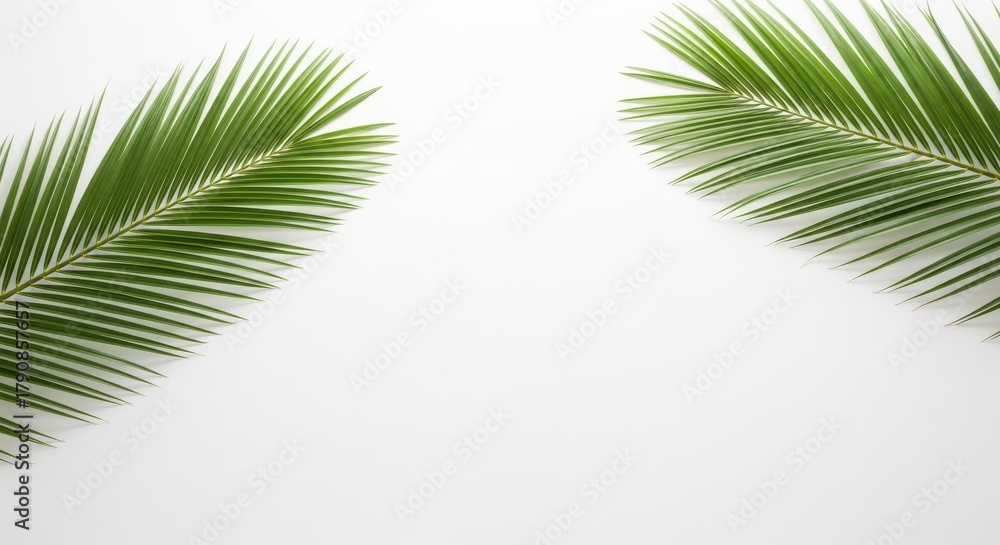 Fototapeta premium Two palm leaves on a white background, tropical element for summer vacation and exotic travel
