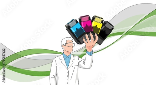 Scientist holding colorful printer cartridges with green abstract background design