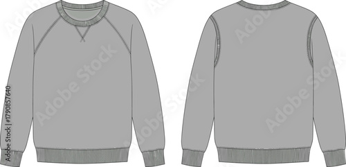 Cad drawing flat vector, raglan crewneck sweatshirt design, fashion technical sketch, apparel template, clothing illustration, garment construction, casual streetwear style