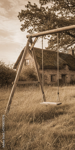 Balançoire Vide avec Cordes et Siège en Bois Devant un Cottage Anglais au Toit de Chaume dans un Champ Sépia