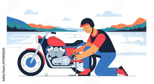 A Motorcyclist Securing His Custom Motorcycle Near Scenic Lake With Vibrant Landscape